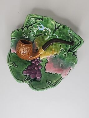 Antique Austrian Majolica Ceramic Leaf, Pipe Matches Holder with Decorative Pipe